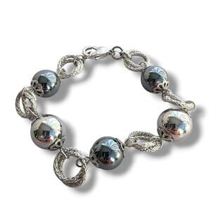 Signed SIMONA COLLINI ITALY Women's Stainless Steel Hematite Bead Bracelet 8"